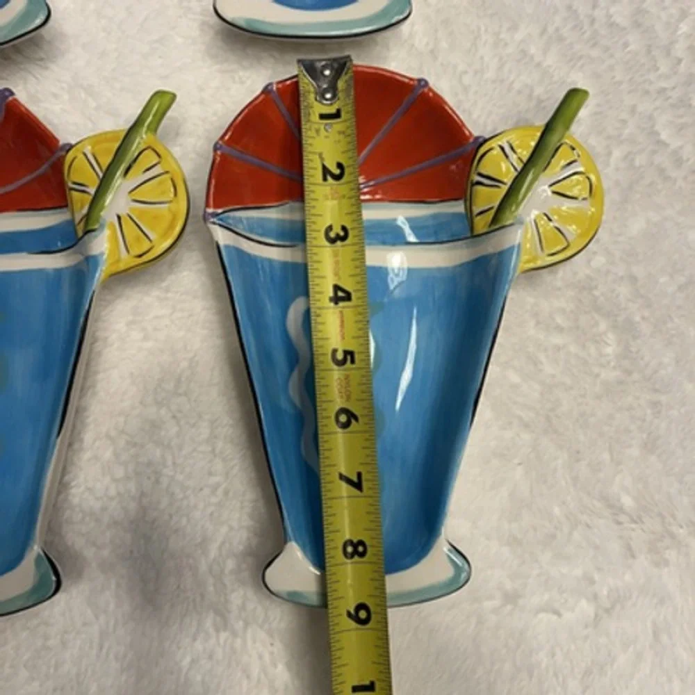 4 Clay Art Hand Painted Dishes Summer‎ Umbrella Drink Lemon Straw Blue Red